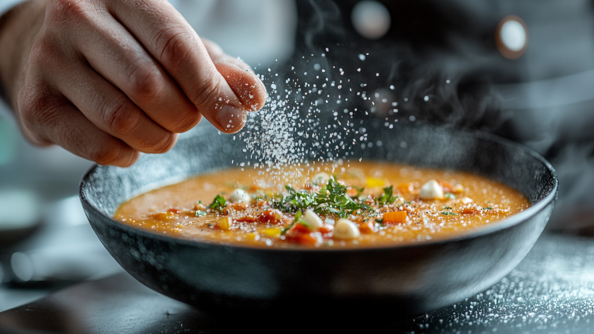 Chef adding salt to a bowl of soup, demonstrating proper seasoning technique to enhance flavor