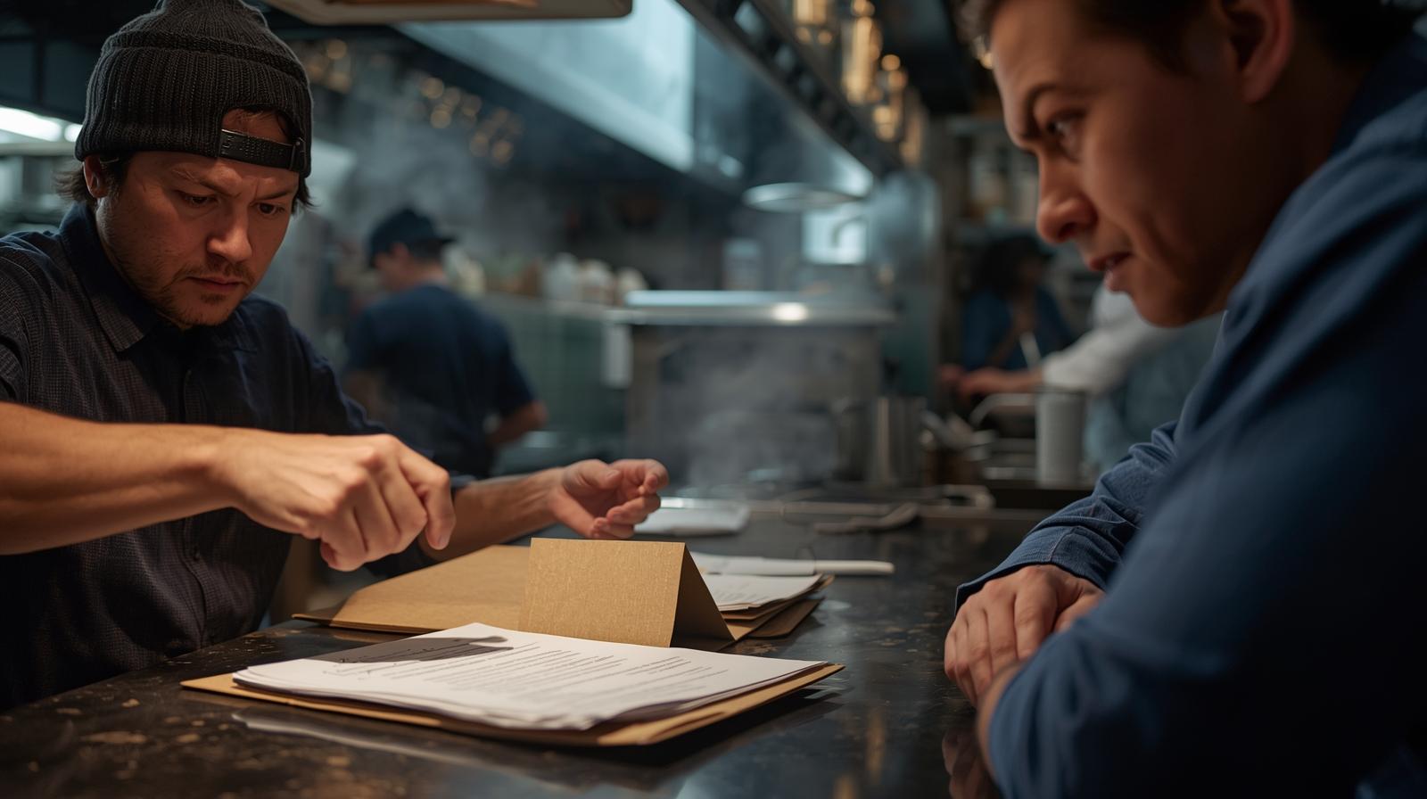 Restaurant staff reviewing compliance documents at counter