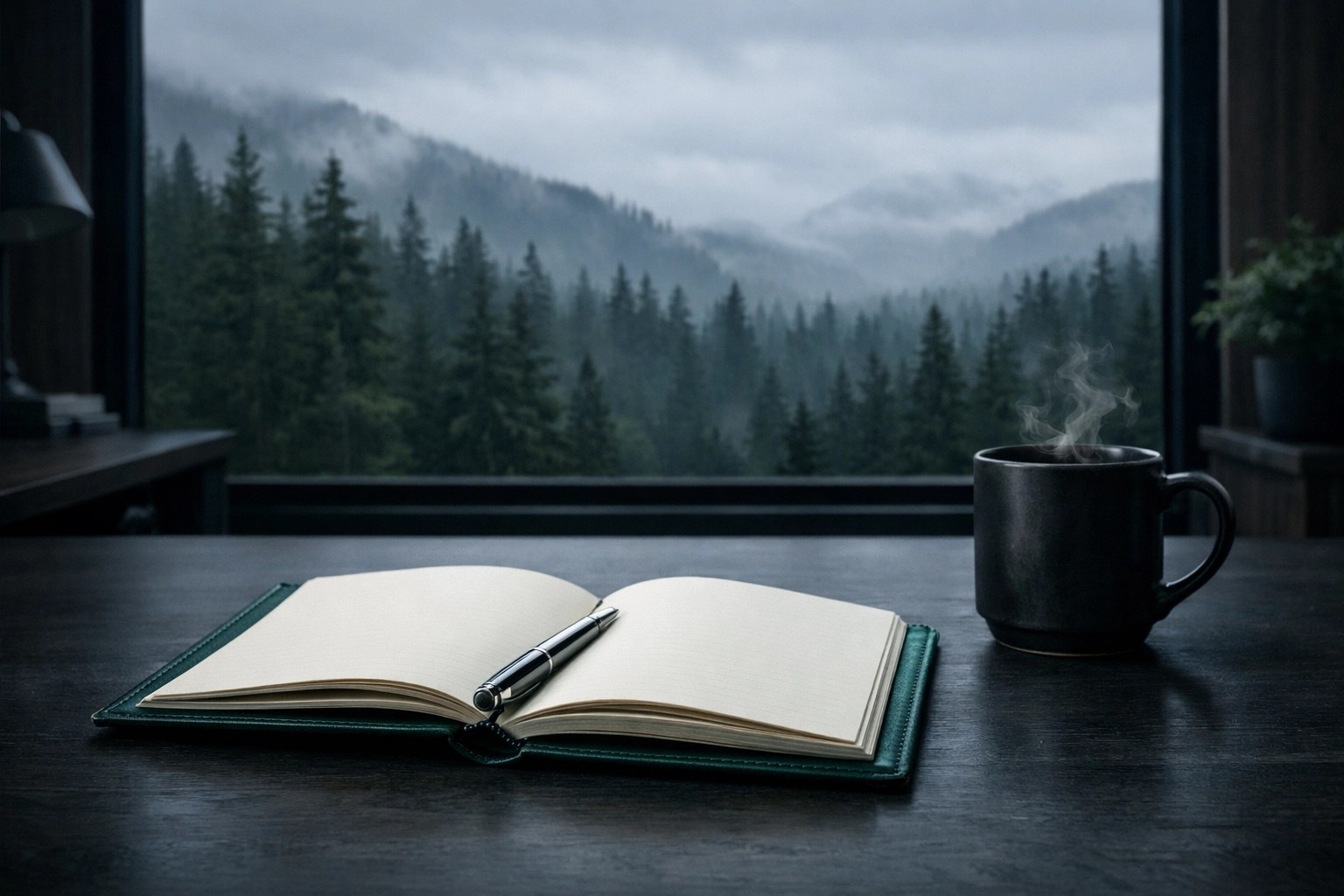 A serene office space with a "Life Lessons" journal open on a desk, a cup of tea steaming nearby, and a window overlooking a lush, green forest.