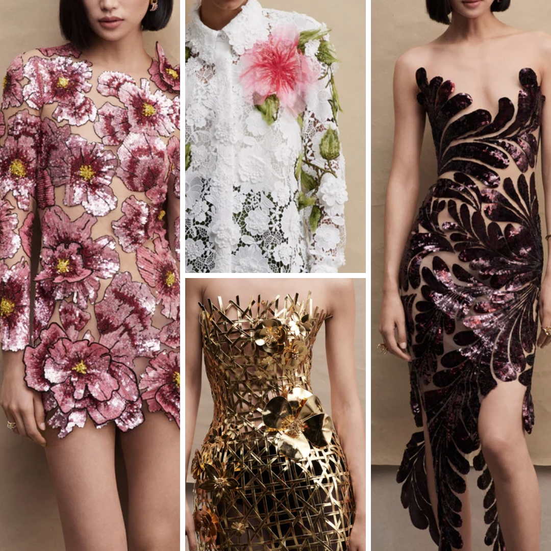 Pre-Fall 2024 collage showing floral appliqué, metallic grid embroidery, and sheer layering from Oscar de la Renta.