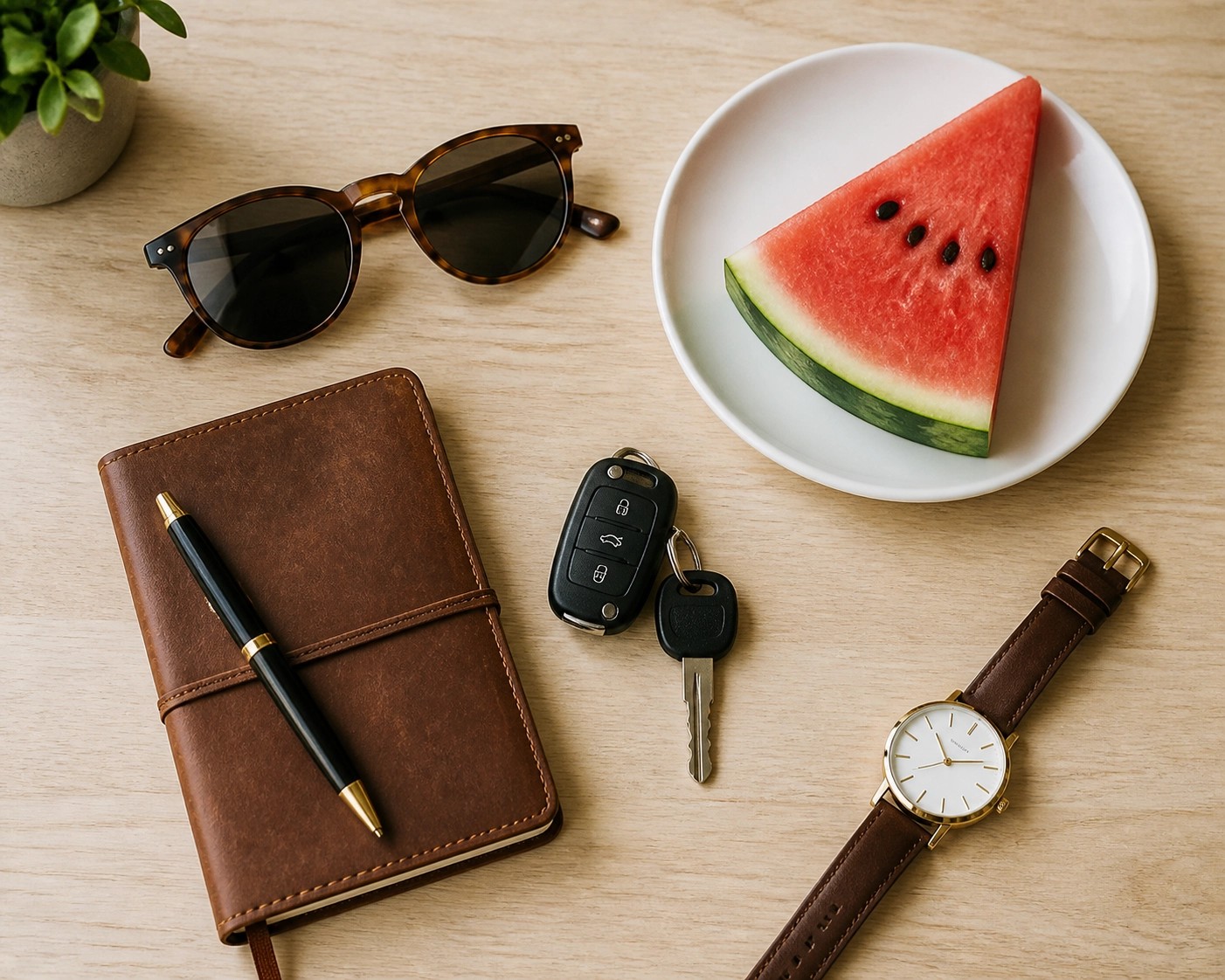 A summer-themed flat lay with sunglasses, a notebook, and a cold drink, symbolizing an emotional toolkit for setting boundaries.
