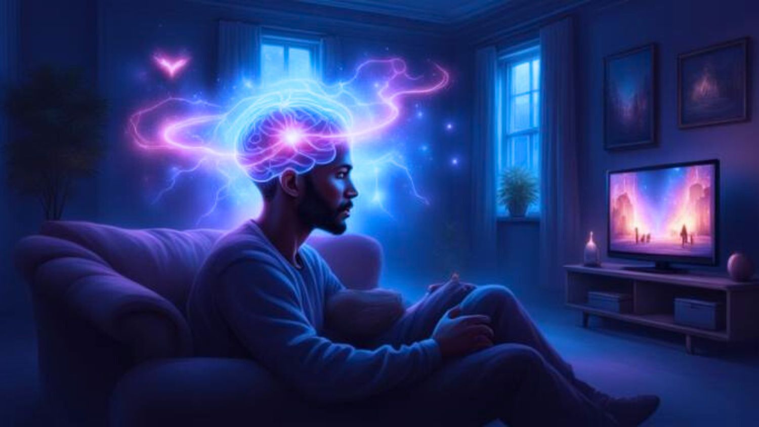 Man experiencing anxiety and overthinking at home, illustrated by a glowing brain aura symbolizing racing thoughts, mental fatigue, and constant worry.