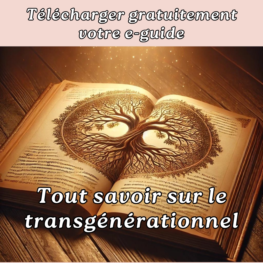 Image d’un e-guide ouvert avec un arbre généalogique dessiné en forme de cœur, symbolisant la transmission transgénérationnelle et la connaissance des mémoires familiales.