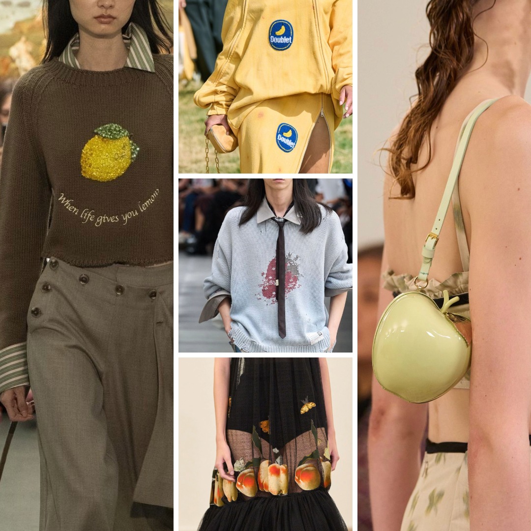 Spring/Summer 2026 runway looks illustrating the “Feel Fruity” trend: a lemon motif applied to knitwear, a banana label graphic on a yellow set, a single fruit image placed on a sweatshirt, fruit imagery positioned along a dress hem, and a fruit-shaped bag worn as an accessory.