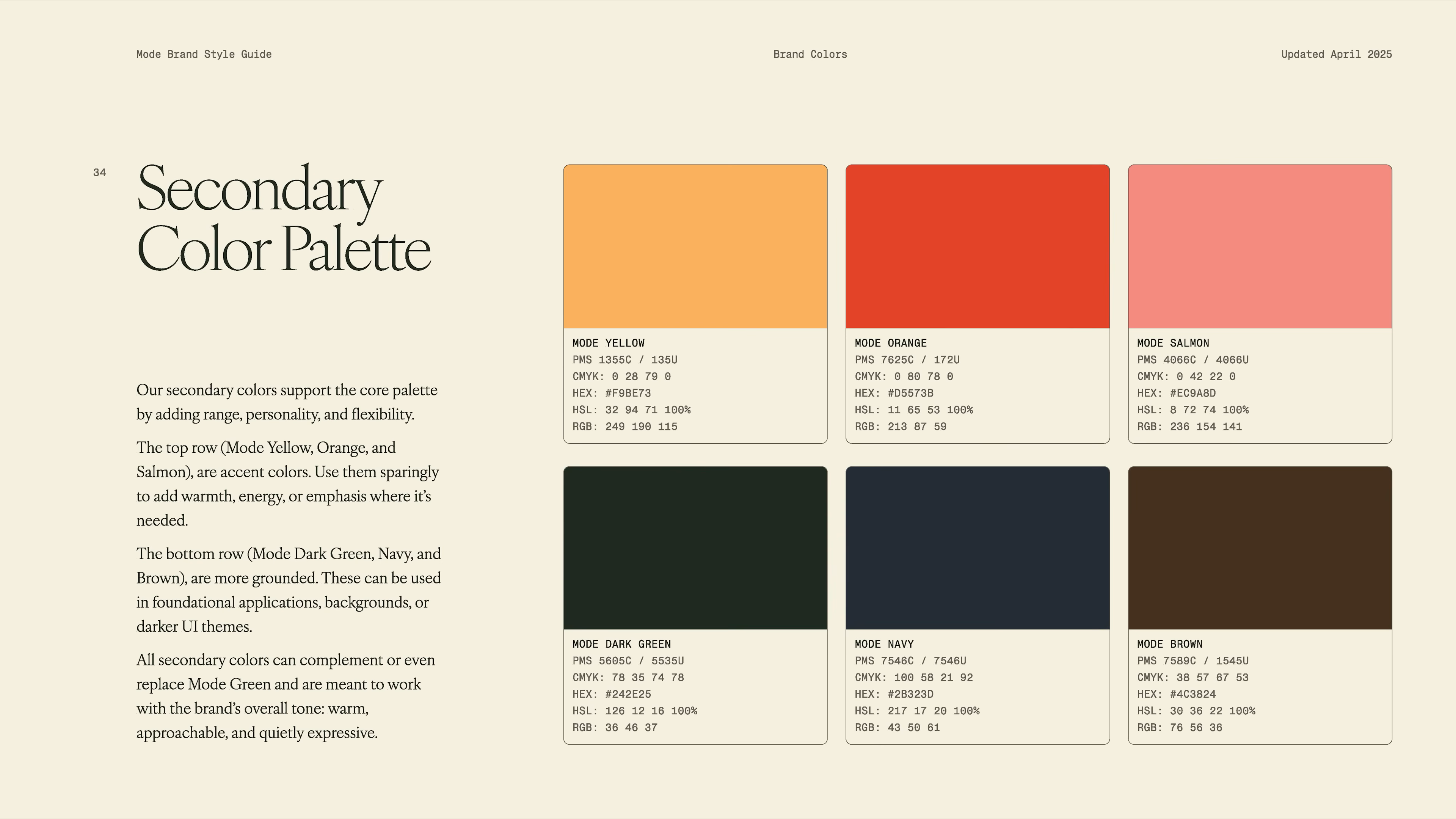 A color palette spread from the Mode brand guidelines video, detailing secondary colors like Mode Yellow, Orange, Salmon, Dark Green, Navy, and Brown. This page explains how accent and foundation colors work together to make the brand more flexible and expressive in both digital and physical applications.