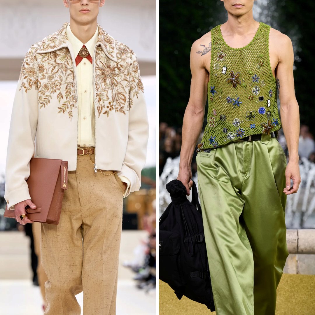 Two examples of embroidery in menswear on the runway. Left: A cream jacket with gold floral embroidery paired with neutral trousers. Right: A green embroidered tank top with intricate beadwork paired with satin trousers, showcasing bold textures and details