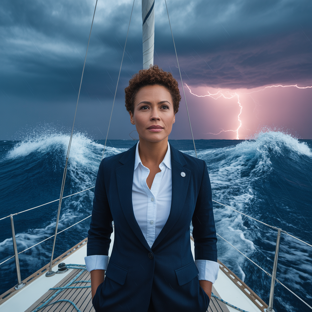 woman on a boat in storm