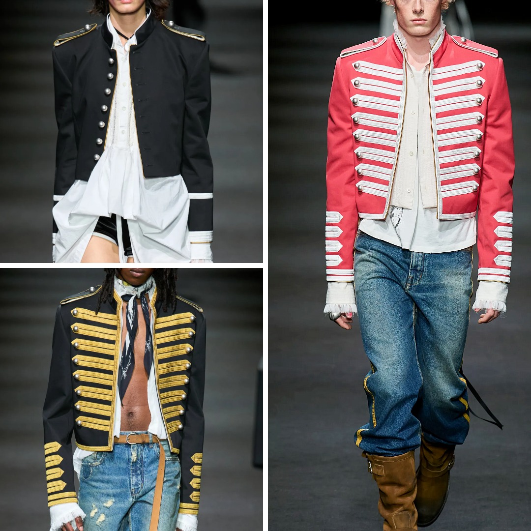 Ann Demeulemeester Spring/Summer 2026 military jackets by Stefano Gallici: cropped black officer jackets with gold braid or silver buttons, and a red regiment jacket with white braid and metal buttons