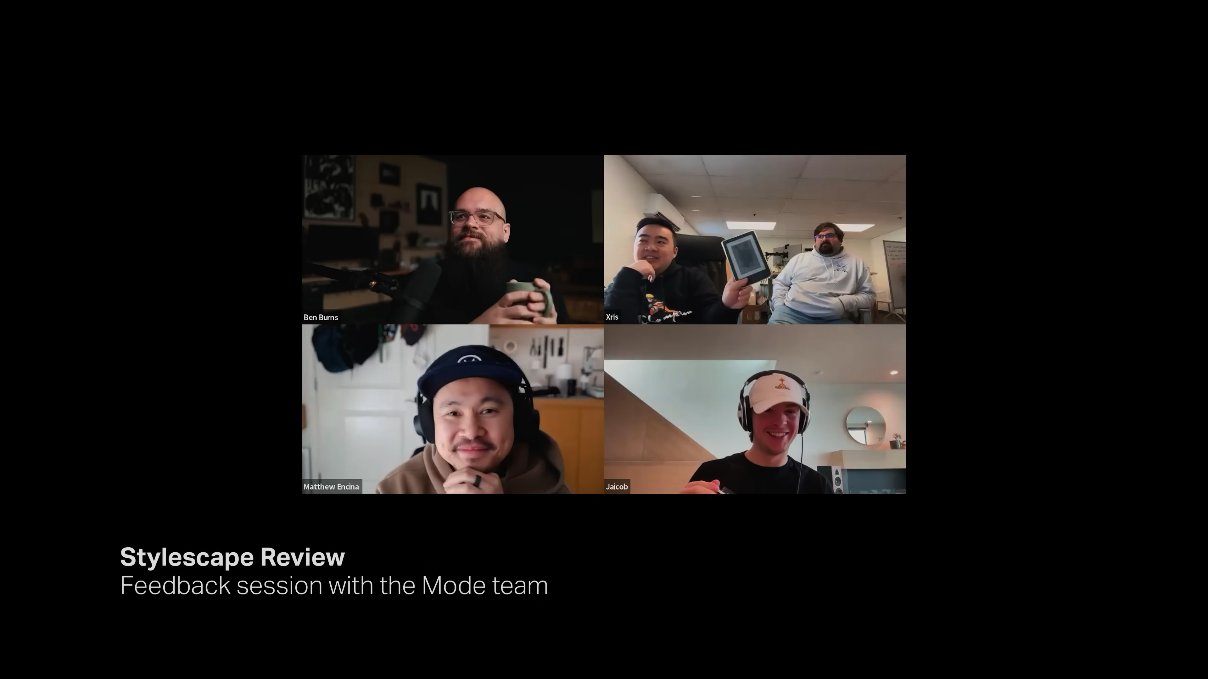 Screenshot of a virtual stylescape review and feedback session with the Mode team, part of Matthew Encina’s rebranding process video.