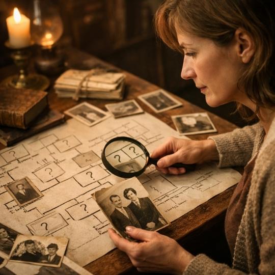 femme analysant les schémas cachés d’un arbre transgénérationnel à la lumière tamisée