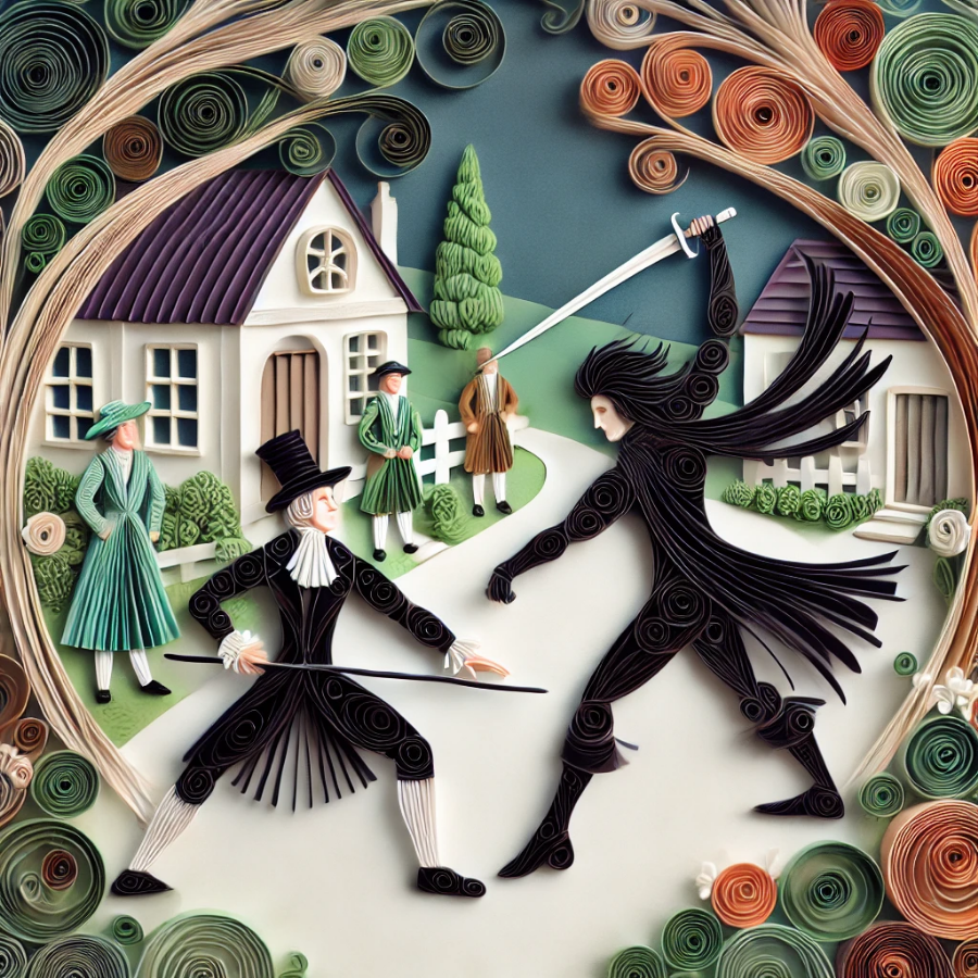 School teacher with a walking stick fighting stranger with a sword. Image in the style of paper quilling.