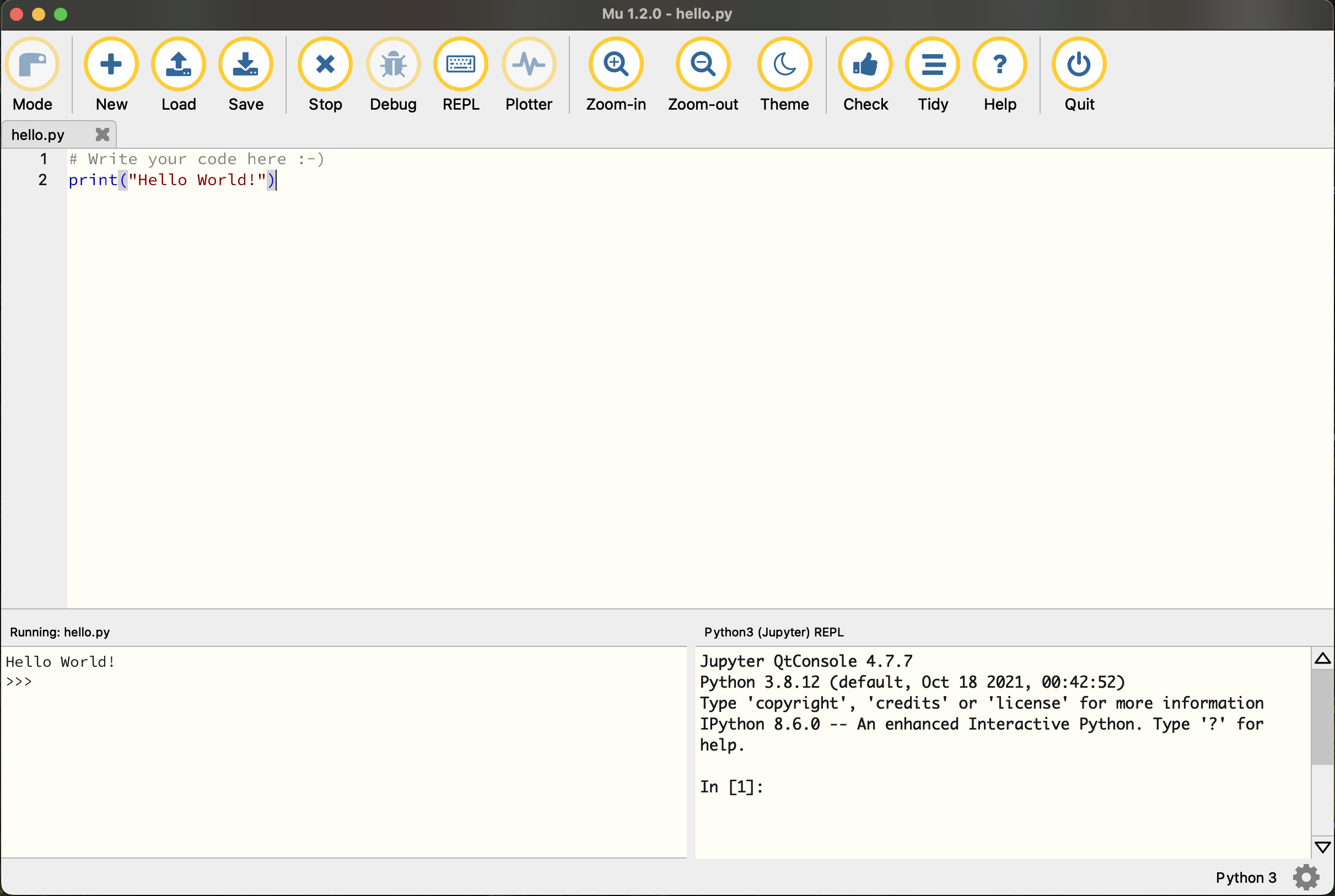 Mu Editor showing the code window, the output and the REPL