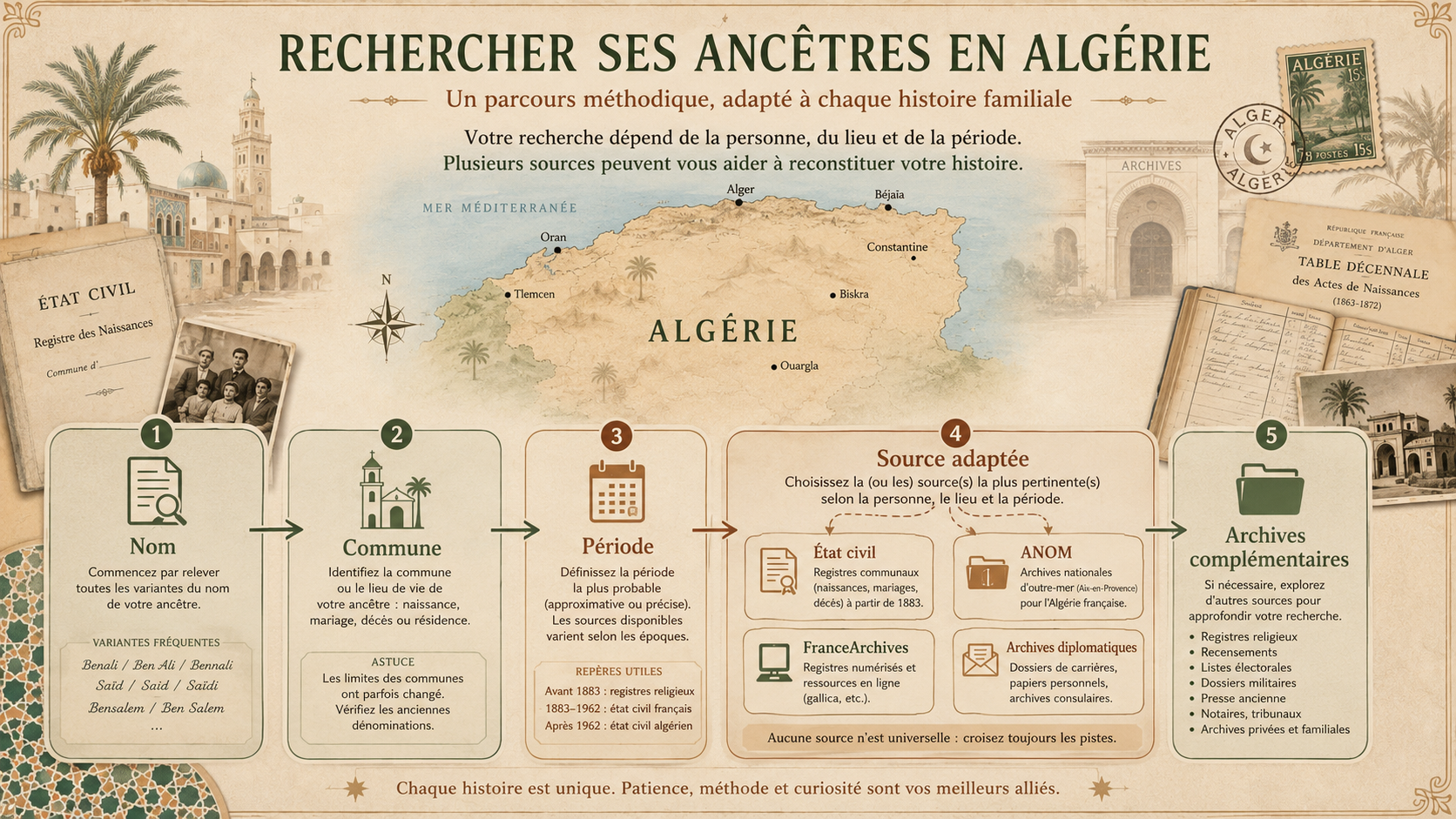 Schéma avec carte de l’Algérie montrant les étapes pour rechercher ses ancêtres avec nom, commune, période, état civil, ANOM, FranceArchives et archives complémentaires