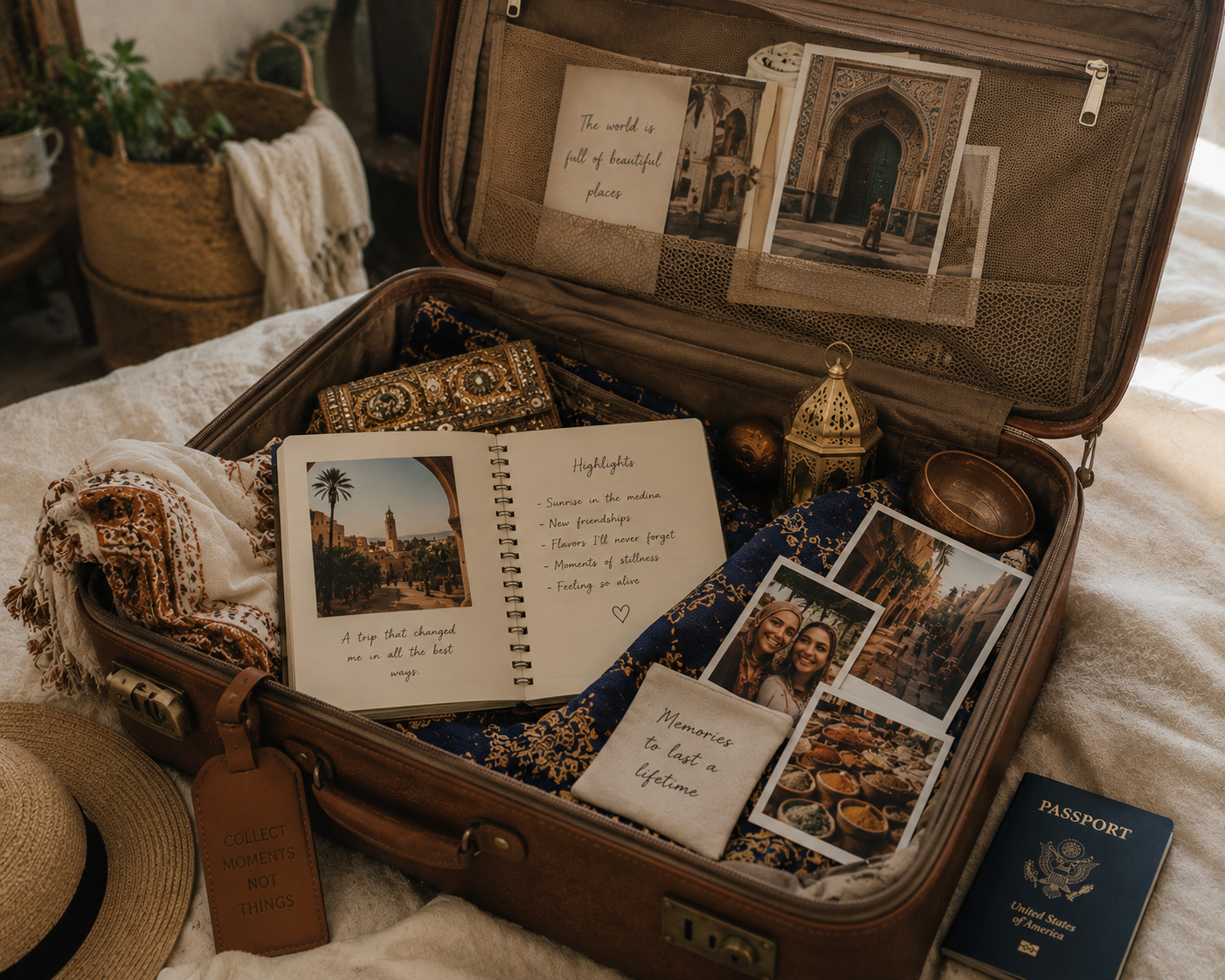 Open suitcase at home with souvenirs, photos, and a journal - the afterglow of travel