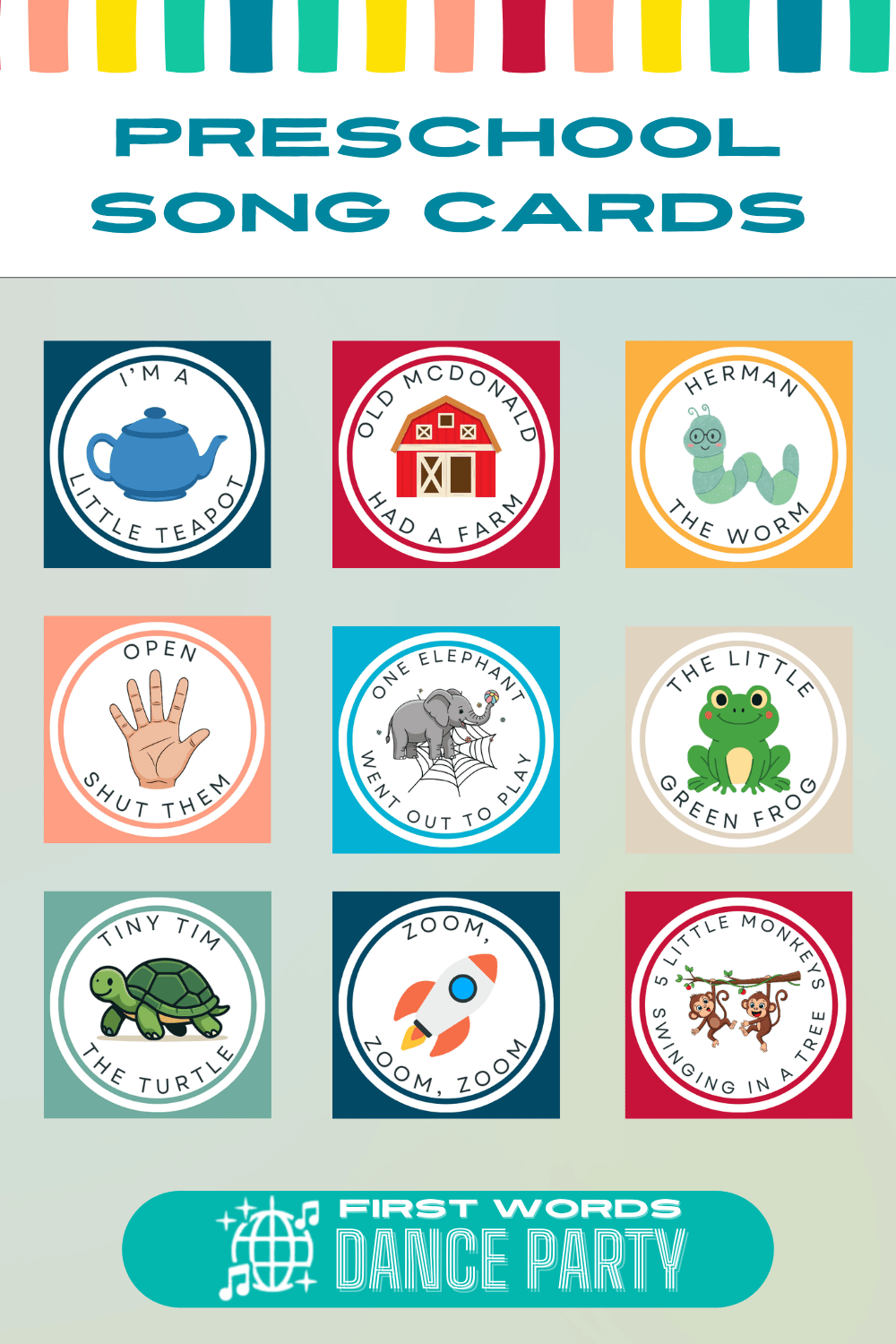 Preschool song cards than can be used with young children to help them make choices and requests.