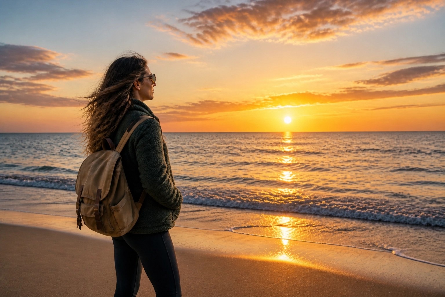  A peaceful silhouette of a woman standing on a beach at sunset, looking out over the calm ocean waves—a moment of reflection and living without regrets.