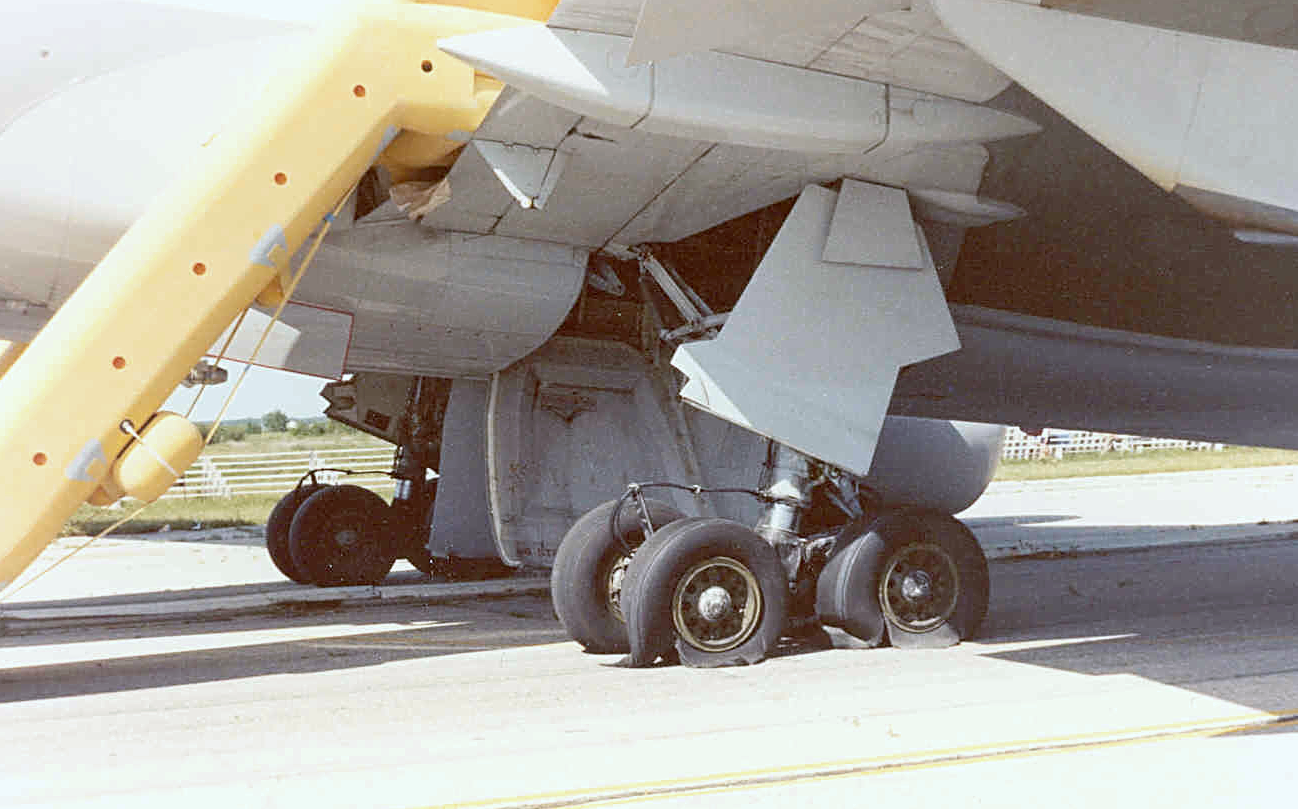 Damaged tires of Air Canada Flight 143 following the emergency landing at Gimli.”