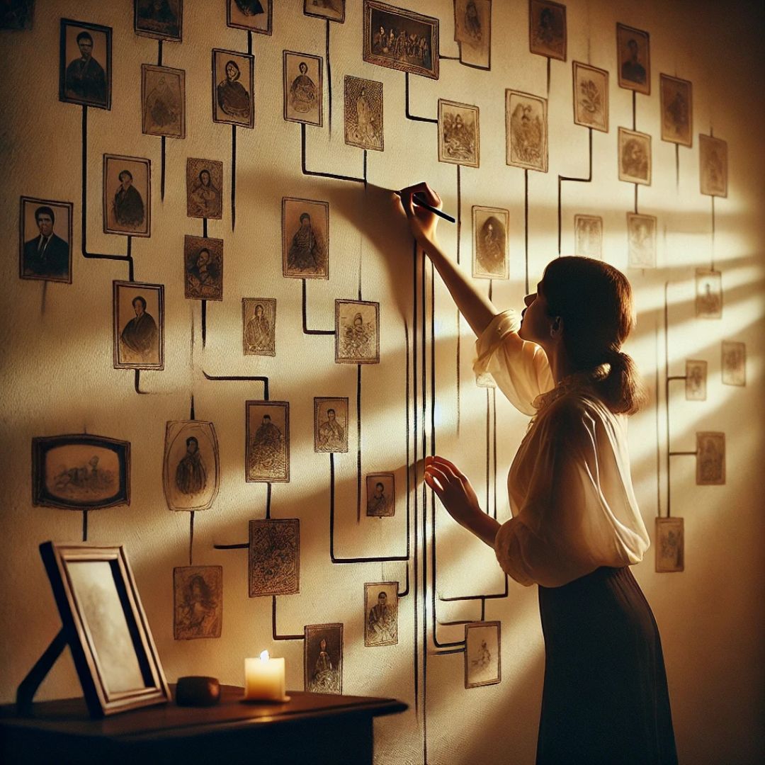 Femme traçant un arbre généalogique sur un mur, entourée de portraits anciens, symbolisant le début du travail de libération transgénérationnelle