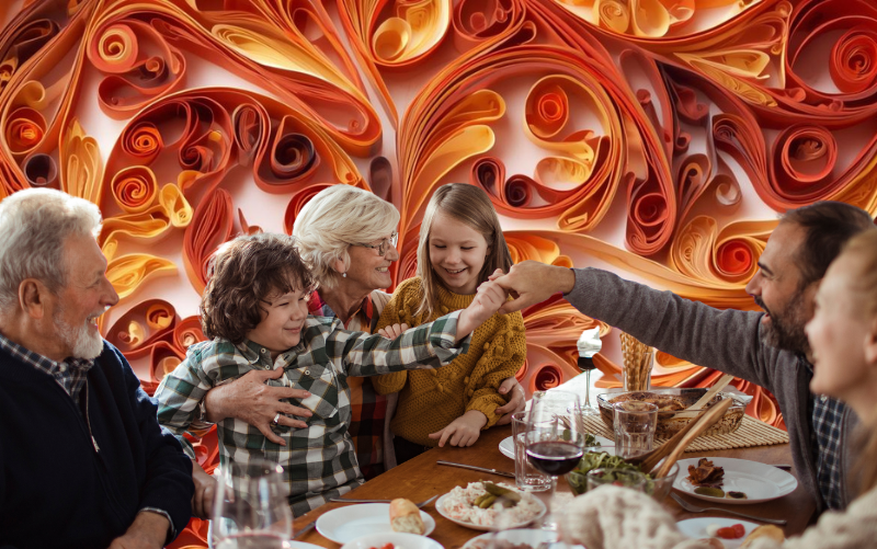 Multi-generational family at a holiday dinner table, playing a story game. Background in the style of paper quilling
