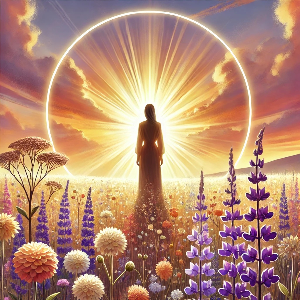 Image inspirante d'une personne debout dans un champ de fleurs, symbolisant la liberté d'être soi-même en Design Humain.