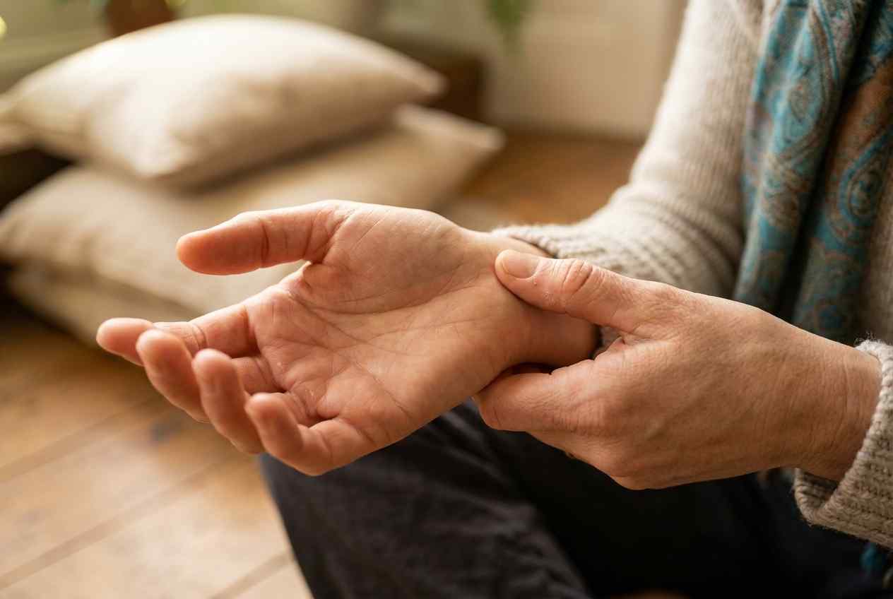 Zelfmassage op drukpunt Ht7 aan de pols, onderdeel van Do-In Yoga voor de hart meridiaan