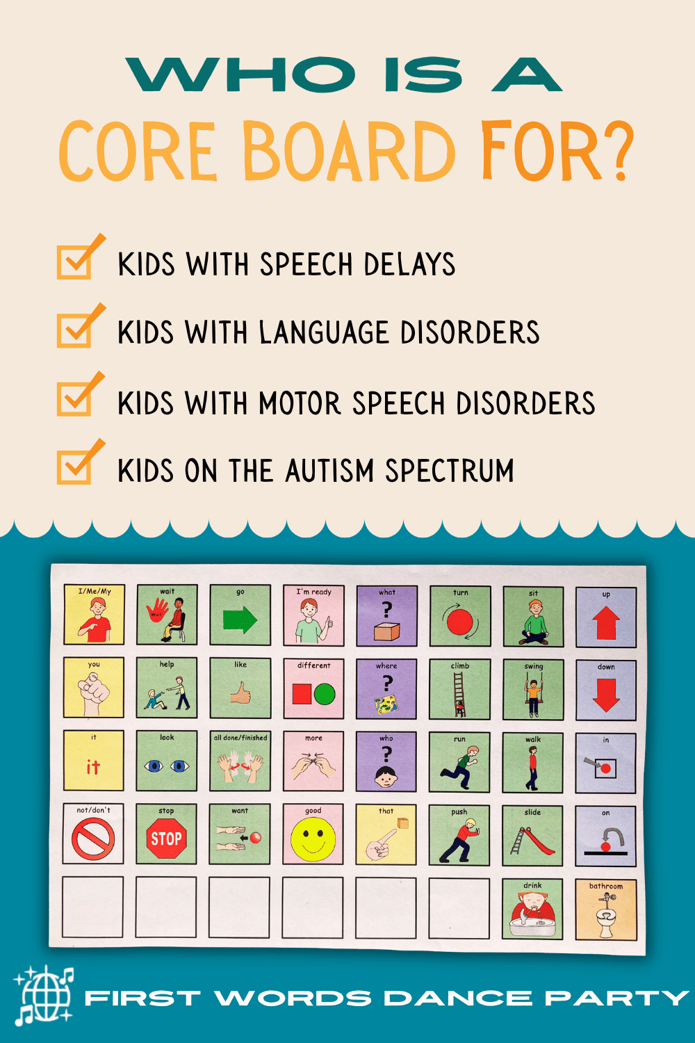 A core board for autism, speech delays, and language disorders.