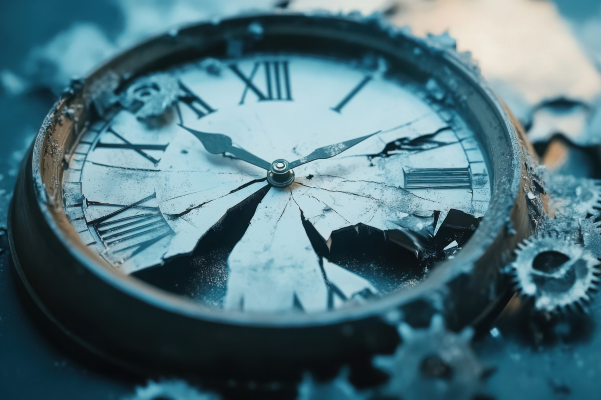 an image of a clock, dark, moody, shattered