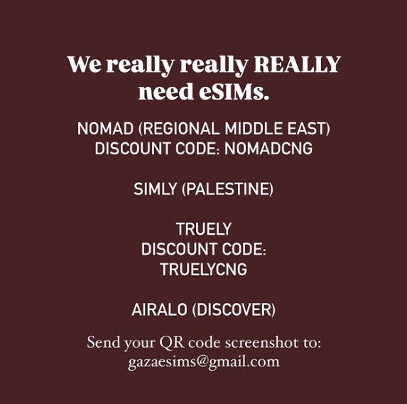 Screenshot d'un post insta de Connecting Humanity,texte en blanc sur fond bordeaux: "We really really REALLY need esims" suivi de la liste des opérateurs et des instructions.
