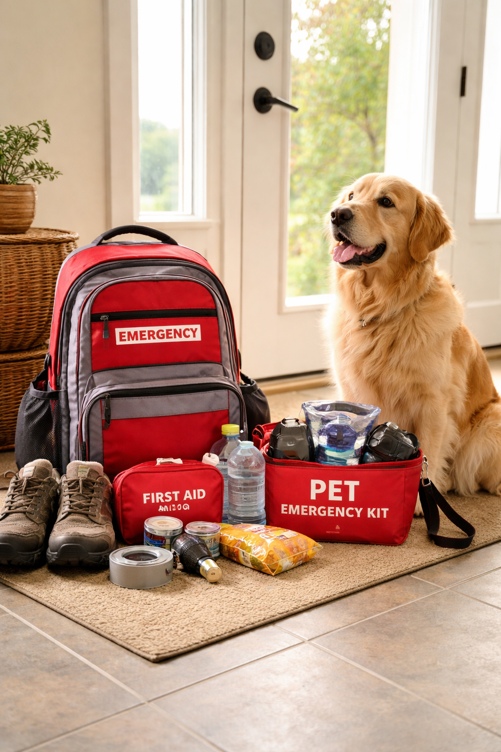 Disaster Kits with dog sitting besdie his disaster kit