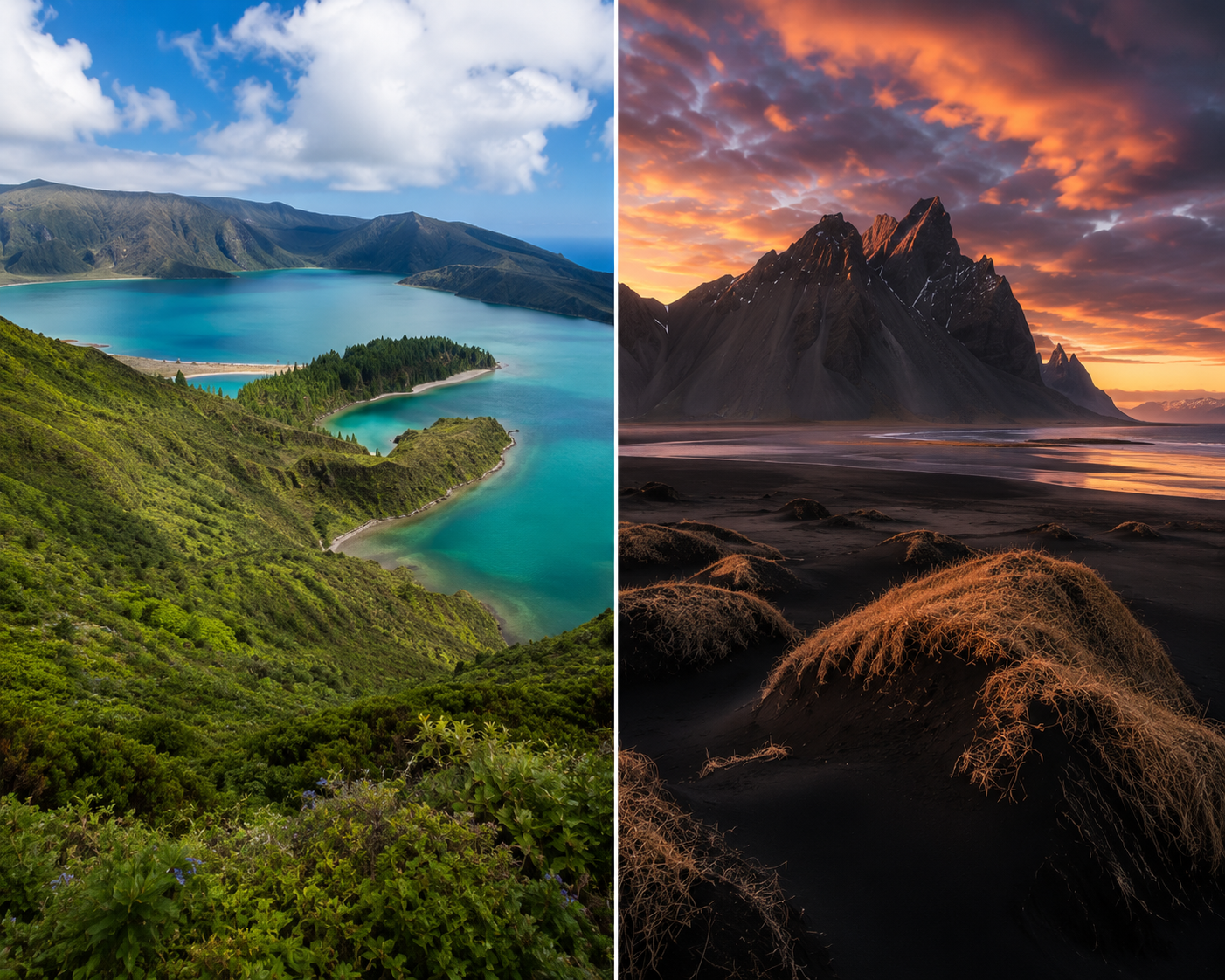 Comparison of Sete Cidades volcanic crater lake in the Azores, Portugal with vivid turquoise water surrounded by lush green hills and dramatic Icelandic landscape at dusk
