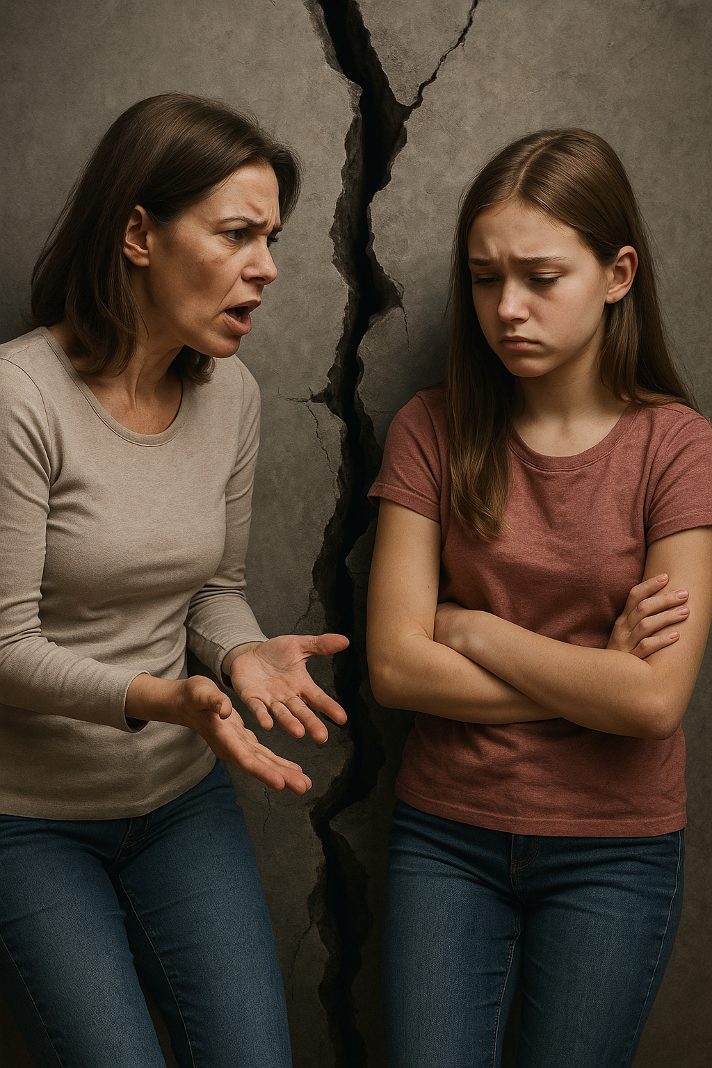 Parent and teenager in conflict. The divide in differing communication. 