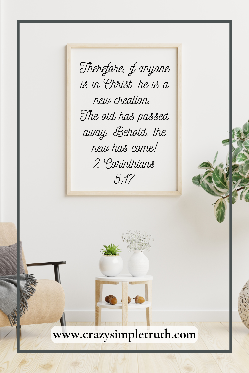 2 Corinthians 5:17 Bible verse print in wooden frame reading 'If anyone is in Christ, he is a new creation' on white wall.