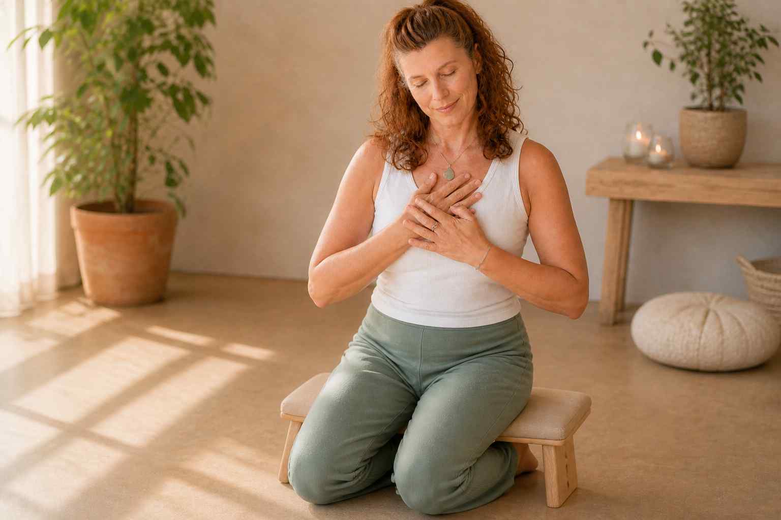 Do-In Yoga oefening met handen op het hart om rust en verbinding te bevorderen