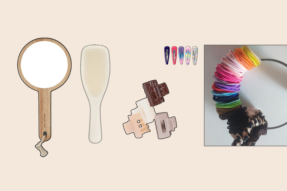 Brosses à cheveux, pinces et élastiques colorés illustrant un espace simple pour les accessoires de coiffure dans une chambre d’enfant.