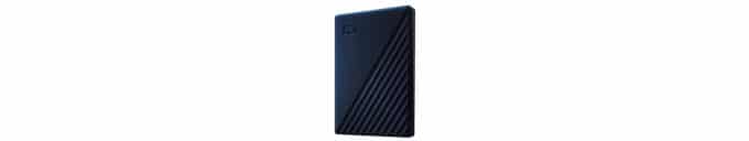 A small rectangular external hard drive with diagonal ridges and the brand WD