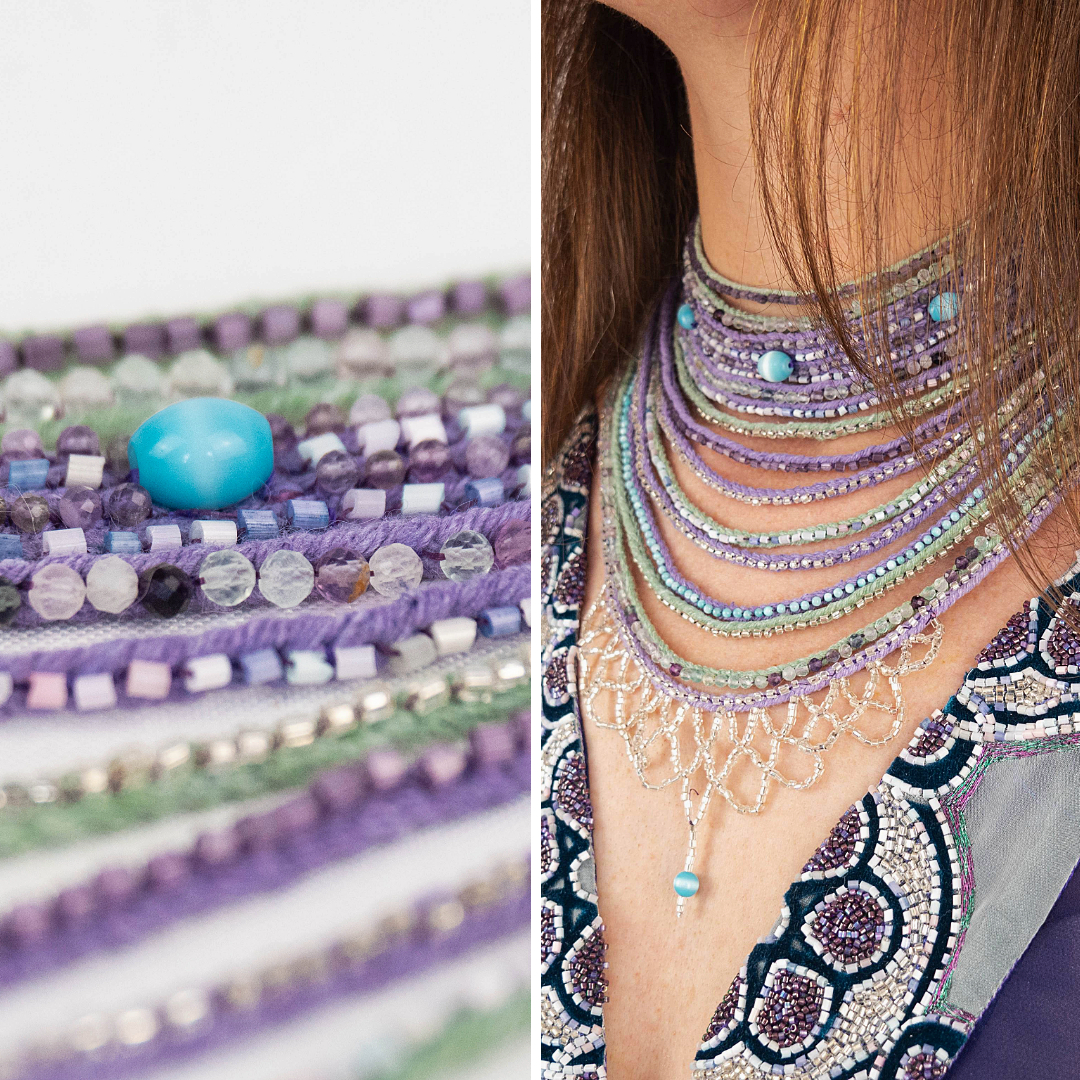 Modern reinterpretation of a traditional Russian ozherelok necklace, featuring lavender textile cords and mixed beads in shades of purple, green, and turquoise. Shown in close-up and worn as a statement neckpiece
