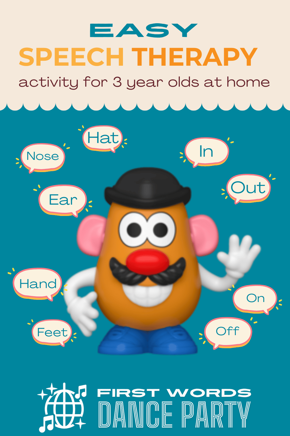 A Mr. Potato Head speech therapy activity for 3 year olds at home.