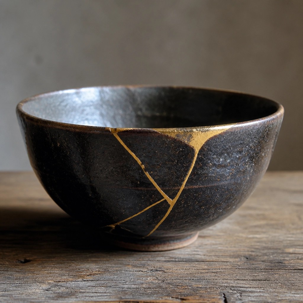A close-up of a beautiful ceramic bowl repaired with gold using the Japanese Kintsugi technique, symbolizing Wabi Sabi and perfectly imperfect beauty.