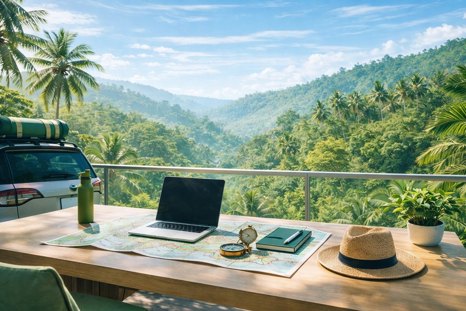  A serene remote home office on a tropical balcony overlooking a lush green forest.