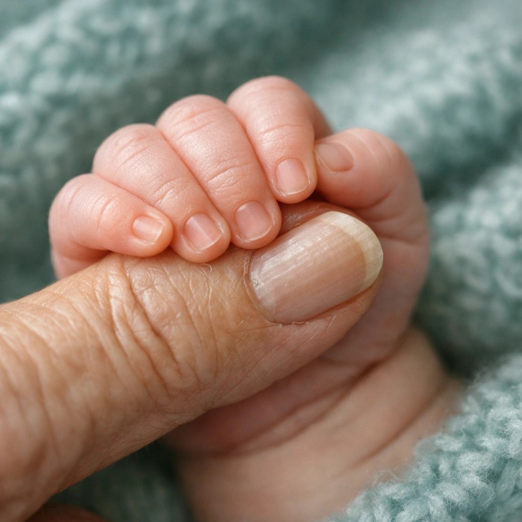 A soft-focus shot of a newborn baby’s hand curled around the finger of a grandmother, symbolizing the bridge between the past and the future.