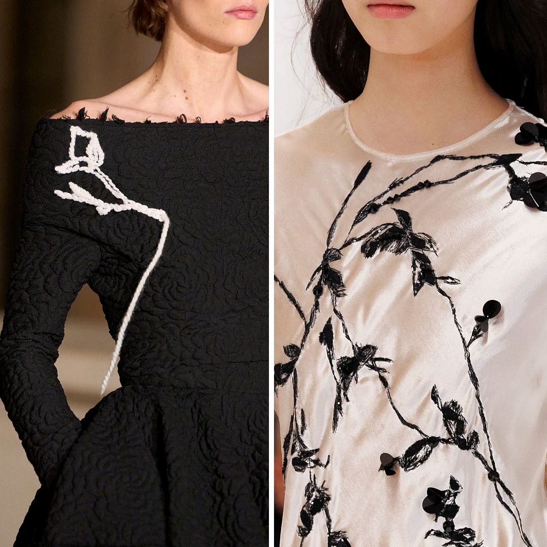 Close-up details of floral textile appliqué from Fall/Winter 2025, featuring raw-edge stitching and matte threadwork on black and white garments
