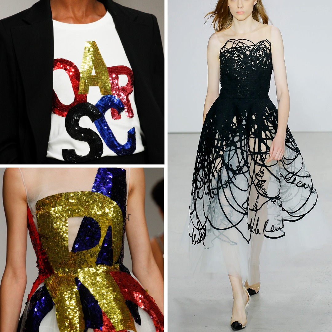 Oscar de la Renta Spring 2018 designs featuring oversized sequinned letters and a black scribble-text dress on tulle.
