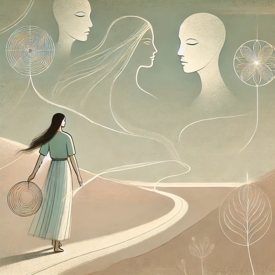 Illustration symbolique d'une femme debout sur un chemin sinueux, connectée à des figures ancestrales, représentant la transmission transgénérationnelle du gisant vertical.