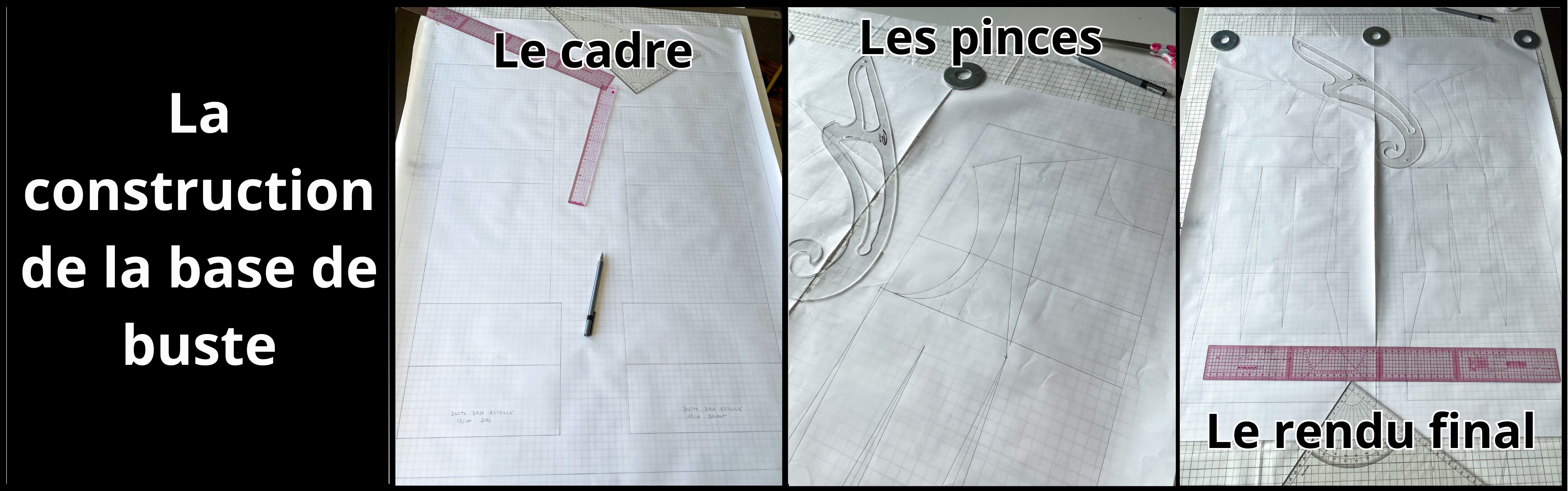 étapes du dessin d'une base de patron de buste sur papier