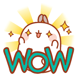 GIF du lapin du dessin animé Molang qui agite ses bras avec excitation et des étoiles plein les yeux. Le mot WOW est écrit au premier plan en grandes lettres majuscules en vert.
