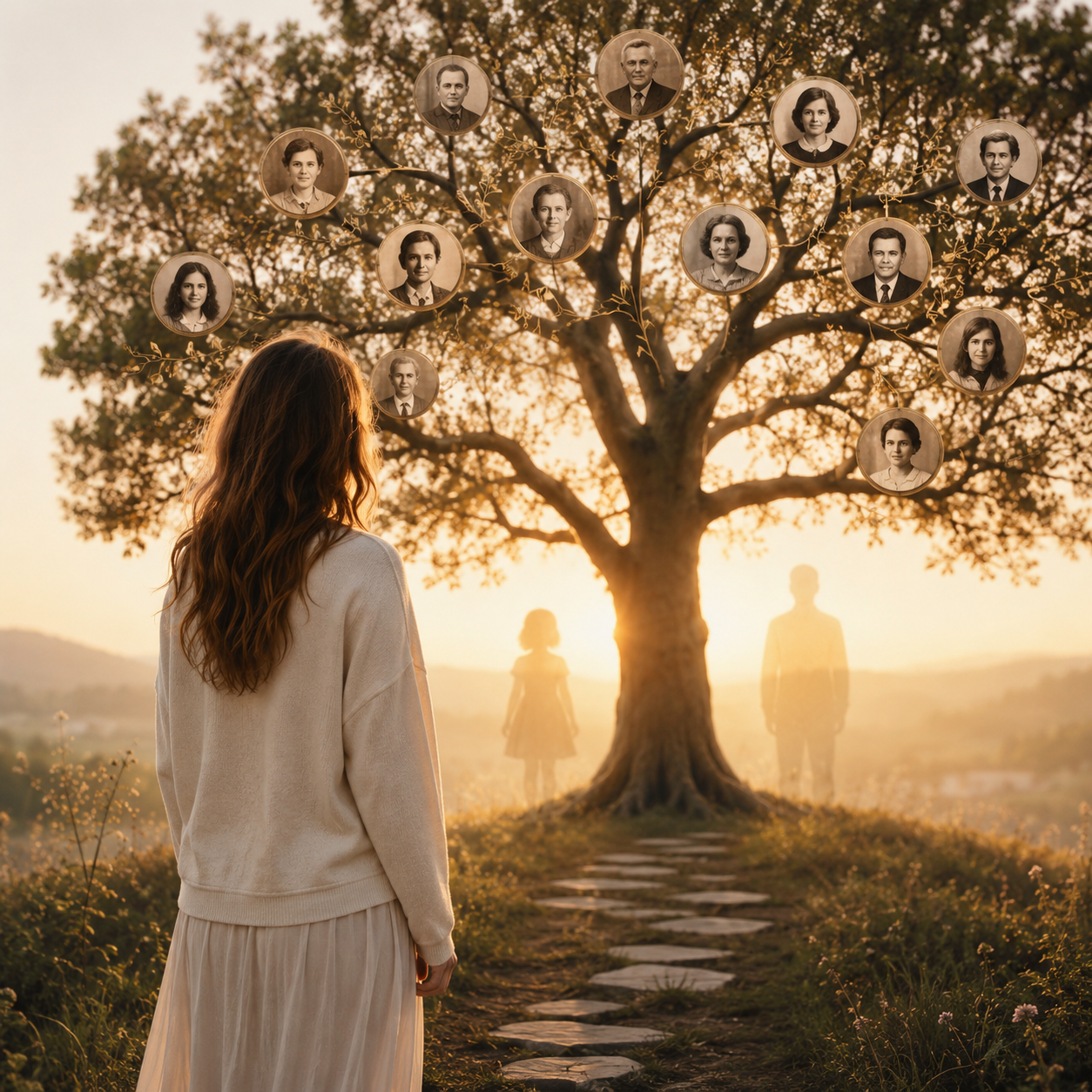femme devant un arbre familial symbolique évoquant la confusion de place dans la fratrie en transgénérationnel
