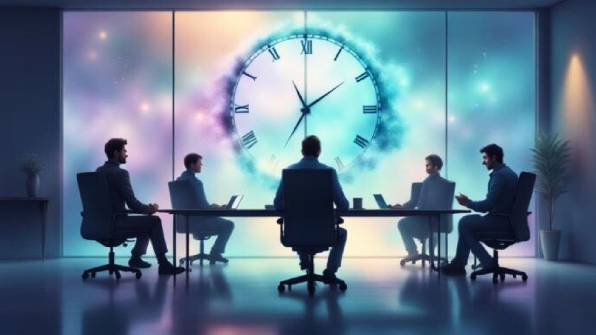 Surreal office meeting scene where several people sit around a conference table while a large glowing clock dominates the wall behind them, symbolizing overthinking, time anxiety, and mental distraction as the mind drifts away from the present moment.