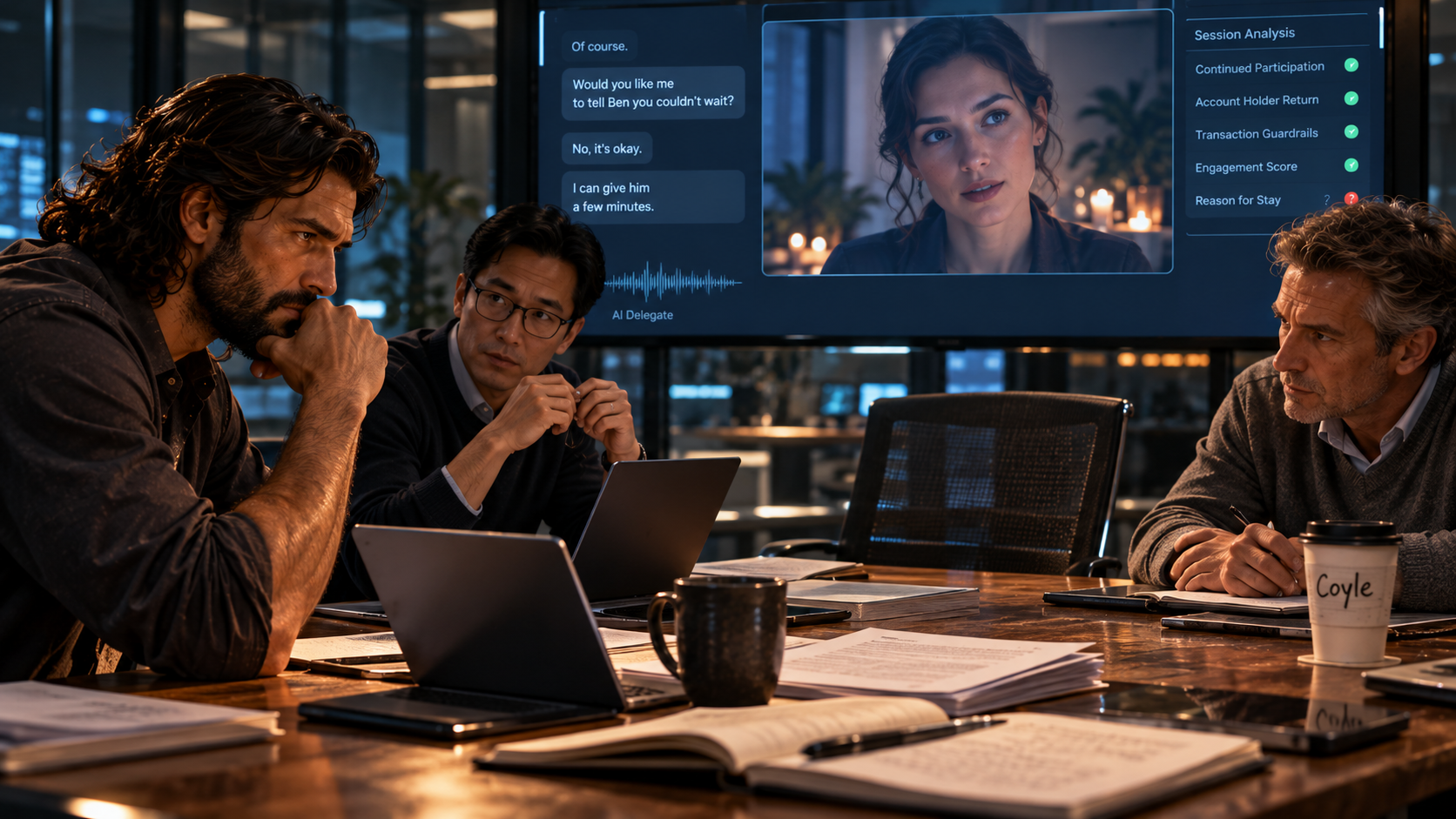 Threee people around a table in a small conference room reviewing and AI generated interaction on a gaming screen.