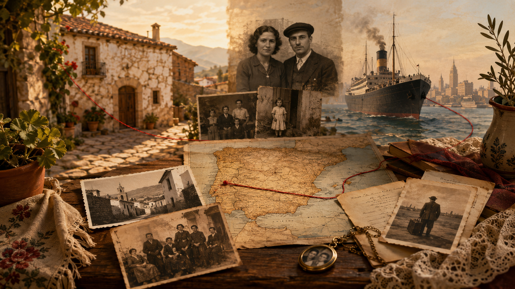 Photos de famille, carte de l’Espagne et bateau de migration illustrant une lignée espagnole en recherche transgénérationnelle