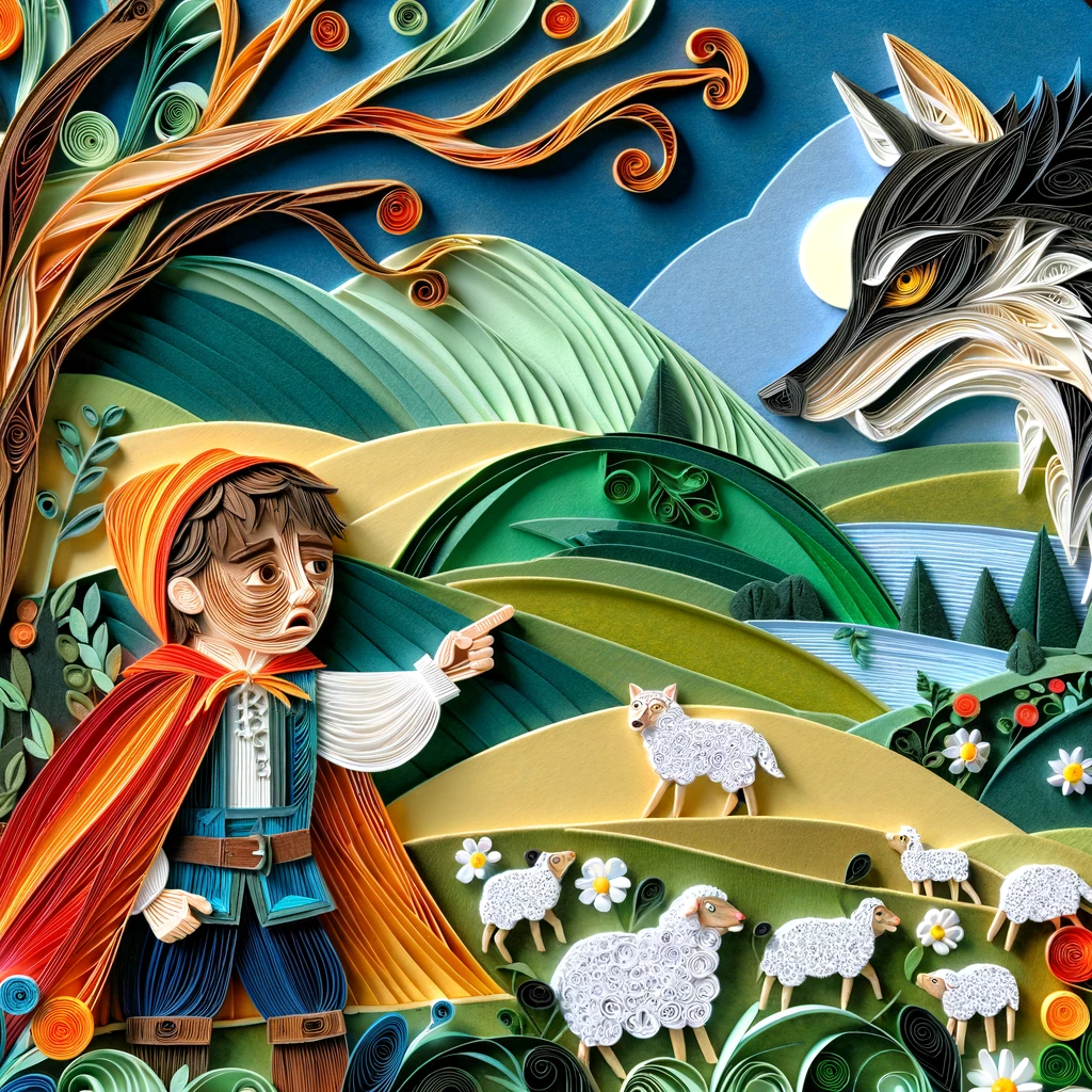 Shepherd boy facing wolf. Image in the style of paper quilling.